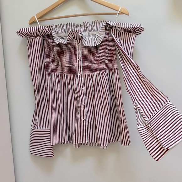Victoria Victoria Beckham White/Red Striped Cotton Off-Shoulder Blouse Size M - Picture 2 of 10